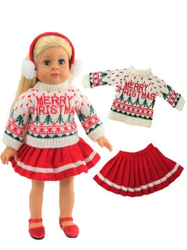 Merry Christmas Knit Sweater Skirt Set Earmuffs Fits 18" American Girl Doll0