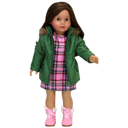 Green Parka Plaid Dress & Pink Boots Fits 18" American Girl Doll Clothes1
