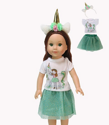 Green Unicorn Skirt Set Fits 14.5" Wellie Wisher American Girl Doll Clothing0
