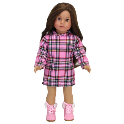 Green Parka Plaid Dress & Pink Boots Fits 18" American Girl Doll Clothes2