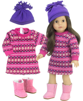 Pink & Purple Sweater Dress Pom Hat & Boots Fits 18" American Girl Doll Clothes0