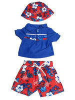 Blue And Red Floral Short Set Hat Fits 18" American Boy Girl Doll Clothing1