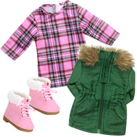 Green Parka Plaid Dress & Pink Boots Fits 18" American Girl Doll Clothes3