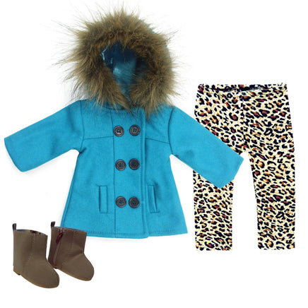 Blue Pea Coat Leopard Pants Outfit Boots Fits 18" American Girl Doll Clothing1