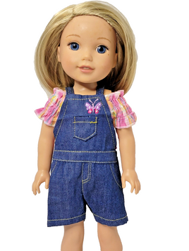 Butterfly Denim Overalls Set Fits 14.5" Wellie Wisher American Girl Doll Clothes0
