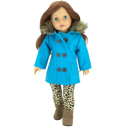 Blue Pea Coat Leopard Pants Outfit Boots Fits 18" American Girl Doll Clothing2