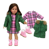 Green Parka Plaid Dress & Pink Boots Fits 18" American Girl Doll Clothes0
