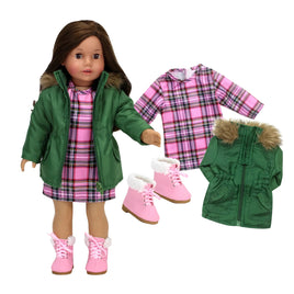 Green Parka Plaid Dress & Pink Boots Fits 18" American Girl Doll Clothes0