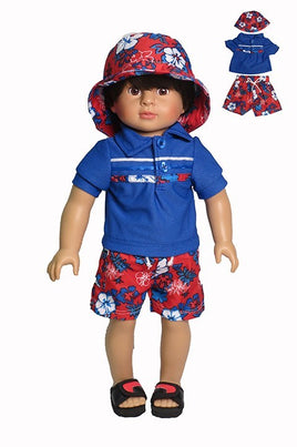 Blue And Red Floral Short Set Hat Fits 18" American Boy Girl Doll Clothing0