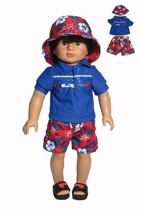Blue And Red Floral Short Set Hat Fits 18" American Boy Girl Doll Clothing0