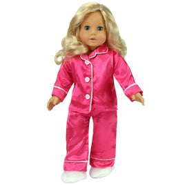 Hot Pink Satin Pajamas & Slippers Fits 18" American Girl Doll Clothes0