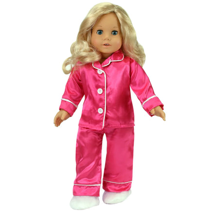 Hot Pink Satin Pajamas & Slippers Fits 18" American Girl Doll Clothes0