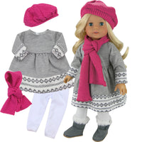 Grey Knit Trimmed Dress Leggings Hat Scarf Fits 18" American Girl Doll Clothes2