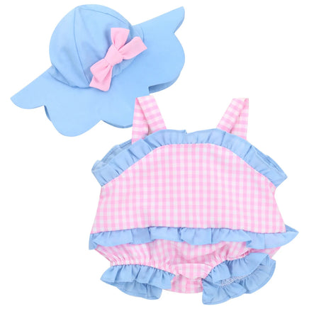 Gingham Summer Romper & Hat Fits 15" Bitty Baby American Girl Doll Clothing1