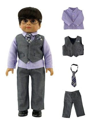 Grey Suit Formal Pant Set Tie Vest Fits 18" American Boy Girl Doll Clothing0