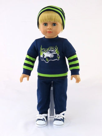 Hot Rod Blue And Green Pant Set Hat Fits 18" American Boy Girl Doll Clothing1