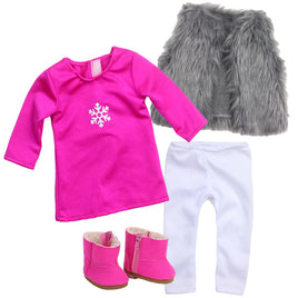 Pink Snowflake Tunic Leggings Vest & Boots Fits 18" American Girl Doll Clothes0