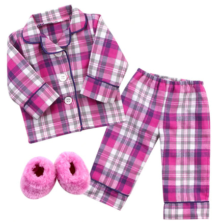 Pink Flannel Pajamas & Fuzzy Slippers Fits 18" American Girl Doll Clothes2