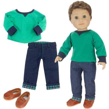 Plaid Cuffed Jean Outfit & Penny Loafers Fits 18" Boy Girl Doll Clothes0