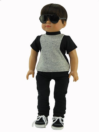 Grey And Black Shirt Black Pant Set Fits 18" American Boy Girl Doll Clothing1