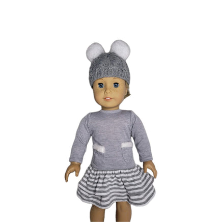 Grey Stripe Dress And Pom Hat Fits 18" American Girl Doll Clothes1