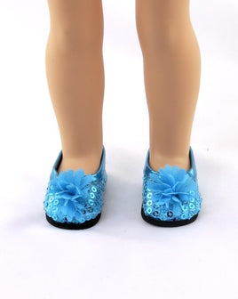 Teal Sequin Flower Flats Fits 14.5" Wellie Wisher American Girl Doll Shoes0