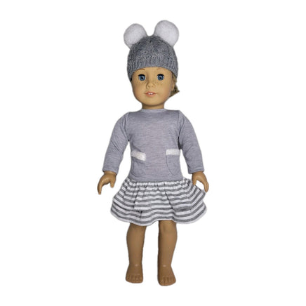 Grey Stripe Dress And Pom Hat Fits 18" American Girl Doll Clothes0