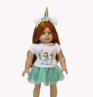 Green Sparkly Unicorn Skirt Set Headband Fits 18" American Girl Doll Clothing1