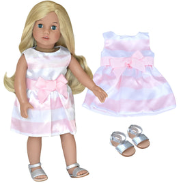 Pink Stripe Satin Dress & Silver Sandals Fits 18" American Girl Doll Clothing0
