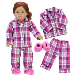 Pink Flannel Pajamas & Fuzzy Slippers Fits 18" American Girl Doll Clothes0