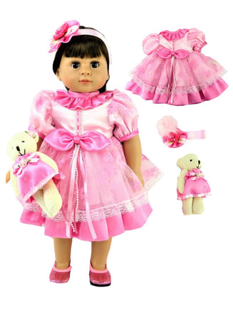 Pink Flower Dress And Bear Fits 18" American Girl Doll Clothing2