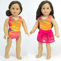 Sunset Bathing Suit & Pink Cover Up Skirt Fits 18" American Girl Doll Clothes1