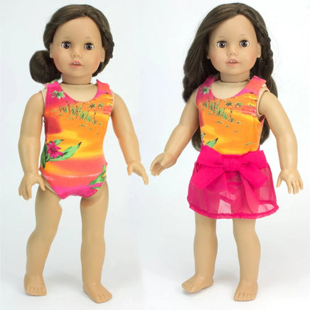 Sunset Bathing Suit & Pink Cover Up Skirt Fits 18" American Girl Doll Clothes1