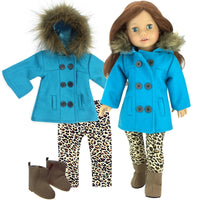 Blue Pea Coat Leopard Pants Outfit Boots Fits 18" American Girl Doll Clothing0