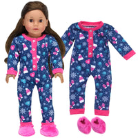 Snowflake One-Piece Pajamas & Fuzzy Slippers Fits 18" American Girl Doll Clothes0