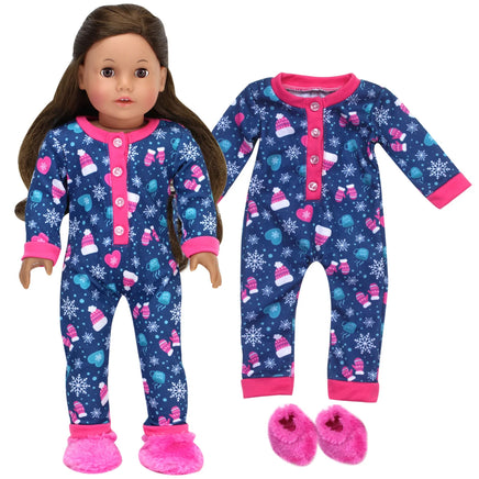 Snowflake One-Piece Pajamas & Fuzzy Slippers Fits 18" American Girl Doll Clothes0