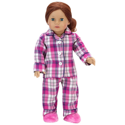 Pink Flannel Pajamas & Fuzzy Slippers Fits 18" American Girl Doll Clothes1
