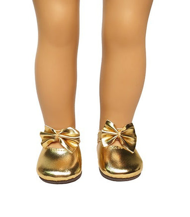 Gold Metallic Bow Flat Dress Shoes Fits 18" American Girl Doll Clothing Shoes1
