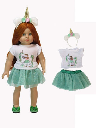 Green Sparkly Unicorn Skirt Set Headband Fits 18" American Girl Doll Clothing0