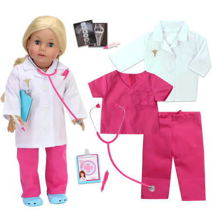 Hot Pink Medical Set Coat Scrubs Stethoscope Fits 18" American Girl Doll Clothes0
