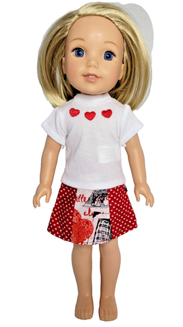Red Hearts Skirt Set Fits 14.5" Wellie Wisher American Girl Doll Clothes0