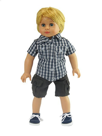 Plaid Shirt Cargo Shorts Set Fits 18" American Boy Girl Doll Clothing1